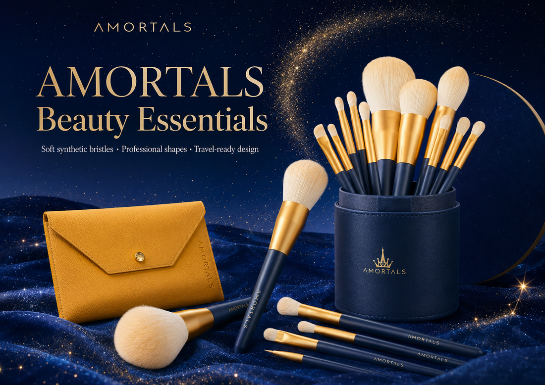 AMORTALS beauty essentials collection with makeup brushes and travel storage accessories