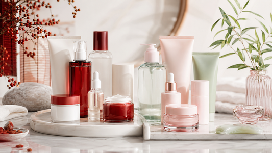 Editorial skincare still life comparing Chinese skincare and K-Beauty routines