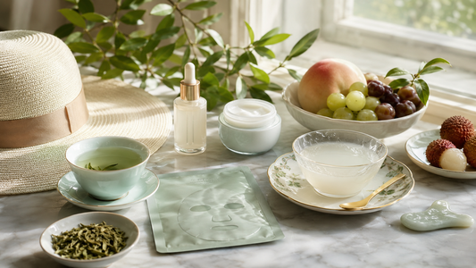 Chinese skincare lifestyle with hydration tea diet and sun protection for youthful looking skin