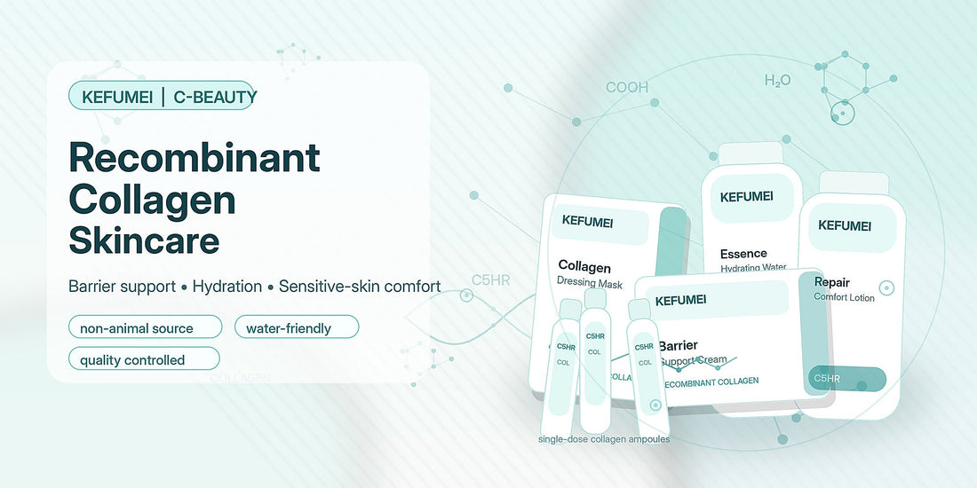Designed banner for Kefumei recombinant collagen skincare with product illustrations and molecular elements