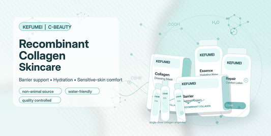 Designed banner for Kefumei recombinant collagen skincare with product illustrations and molecular elements
