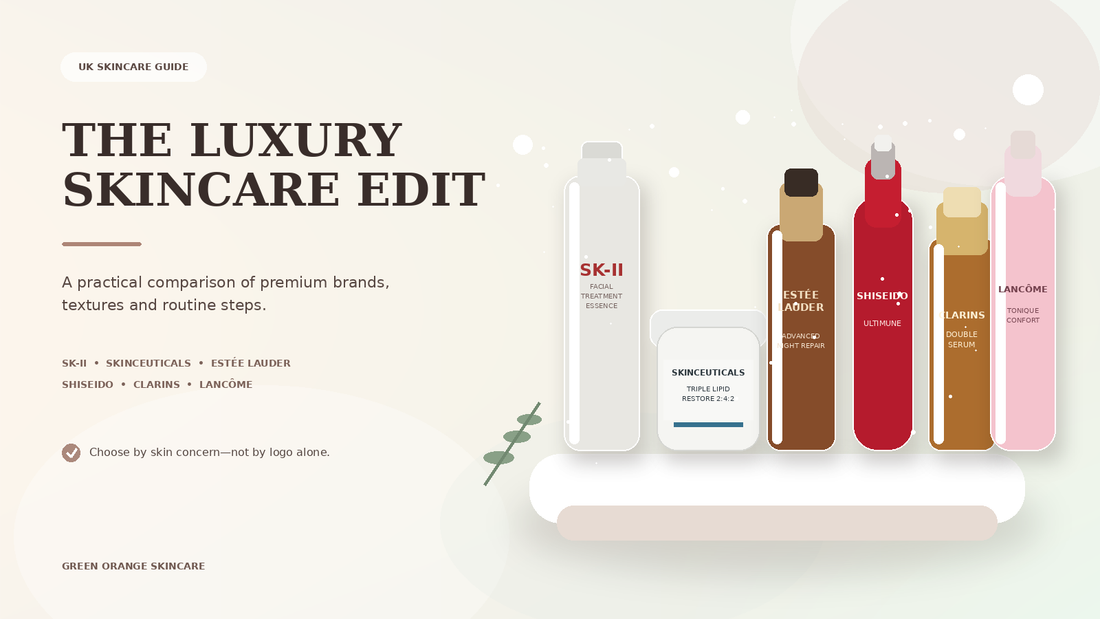 Luxury skincare comparison featuring SK-II, SkinCeuticals, Estée Lauder, Shiseido, Clarins and Lancôme
